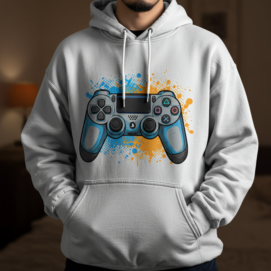 Oversized white hoodie with a controller graphic