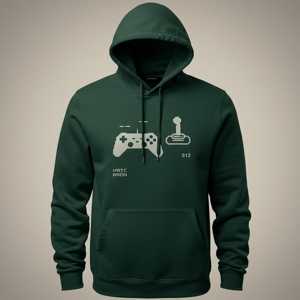 Dark green hoodie with minimalist gamer-inspired print